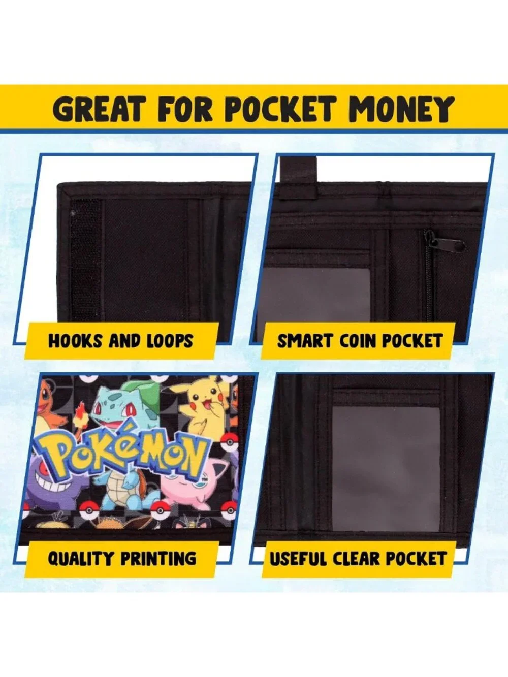 Kids Trifold Canvas Wallet with Zip, Coin & Card Holder - Pokemon Design